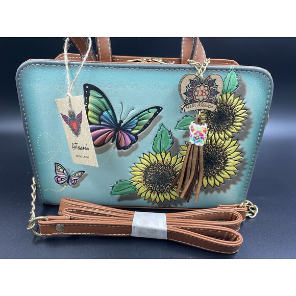 Purse Handbag Cross Body Tote Leather Butterfly Sunflower green HandMade Artisan - Picture 2 of 4